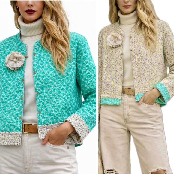 FBC Studio Jackets & Blazers - Reversible Quilted Cotton Blazer Jacket with Floral Brooch Cropped M, FBC Studio